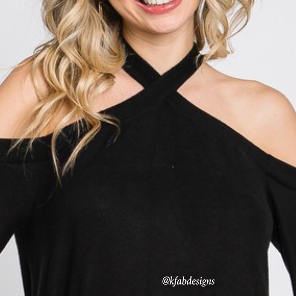 LAST 1! Super Soft Black Cross Neck Cold Shoulder Cuffed Sleeve Top - Picture 7 of 8